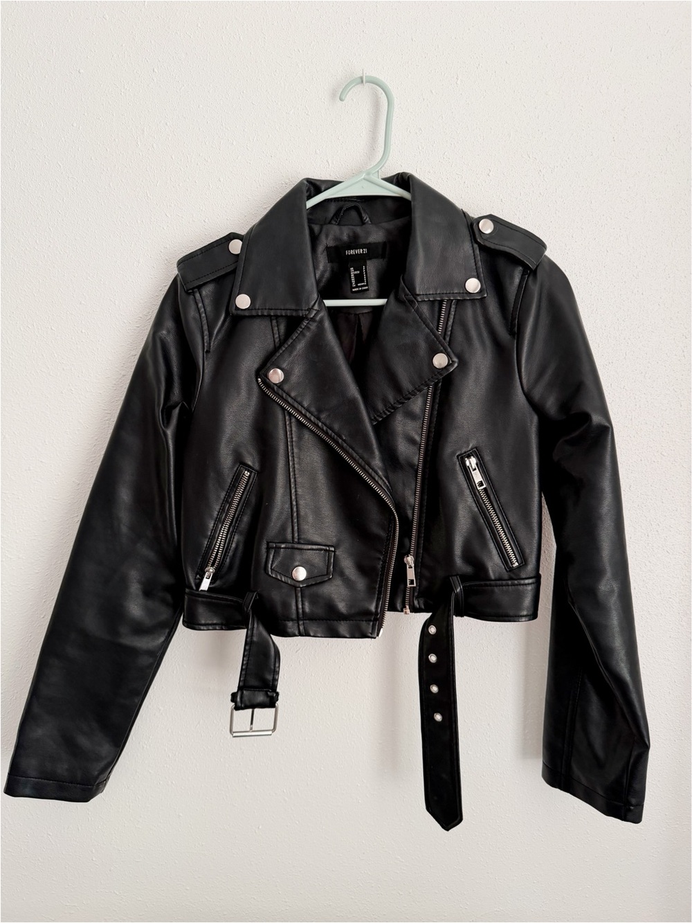 Forever 21 Black Faux Leather Biker Jacket with Belt